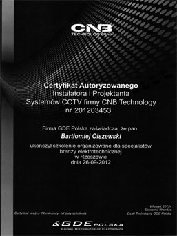 Certyfikat, instalator CCTV - Multikonekt