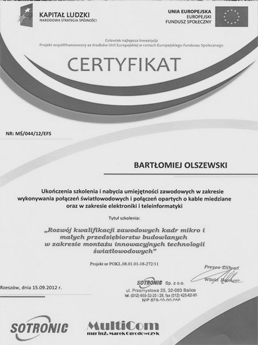 Certyfikat, połączenia światłowodowe - Multikonekt